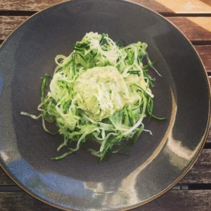 Spiralized Cucumber Noodles With White Bean Pesto